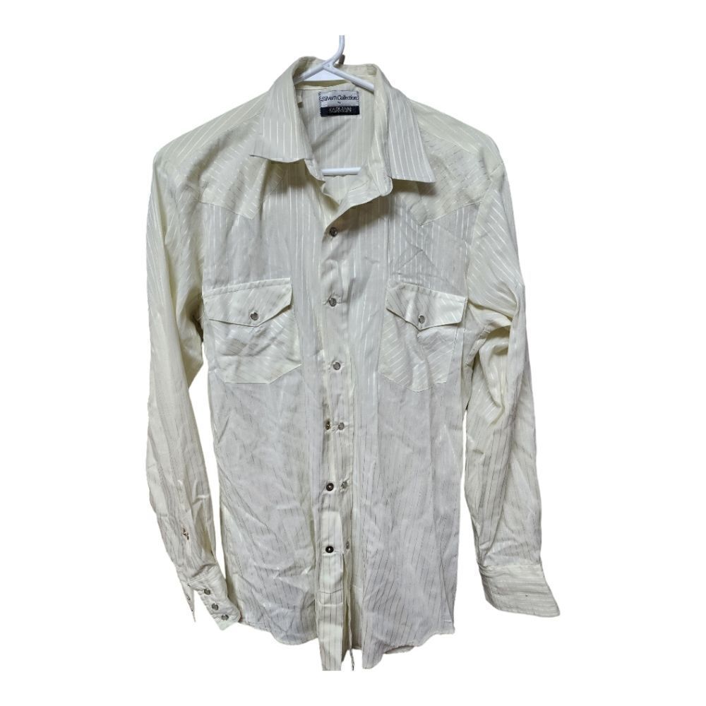 3025 - Western shirt men's Large  off-white pearl snaps Karman Silver Collection